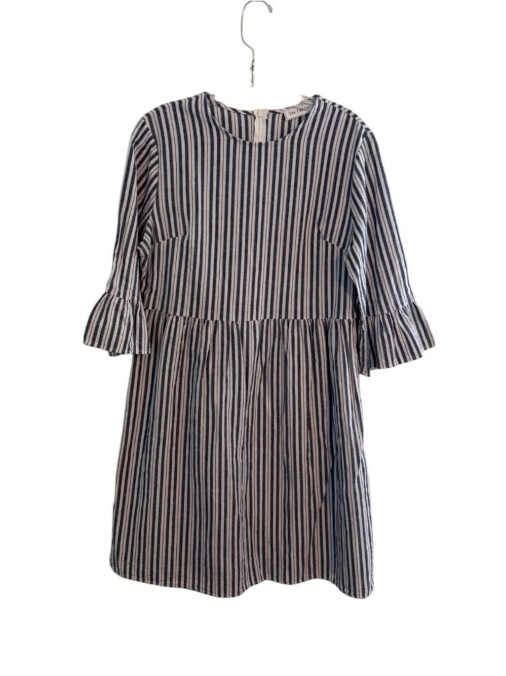 Ces Femme L Blue/White Striped Seer Sucker Dress 3/4 Sleeve Sz Large